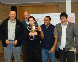 Steadman, Garbett, Thornton (with trophy), McCrone and Zhang